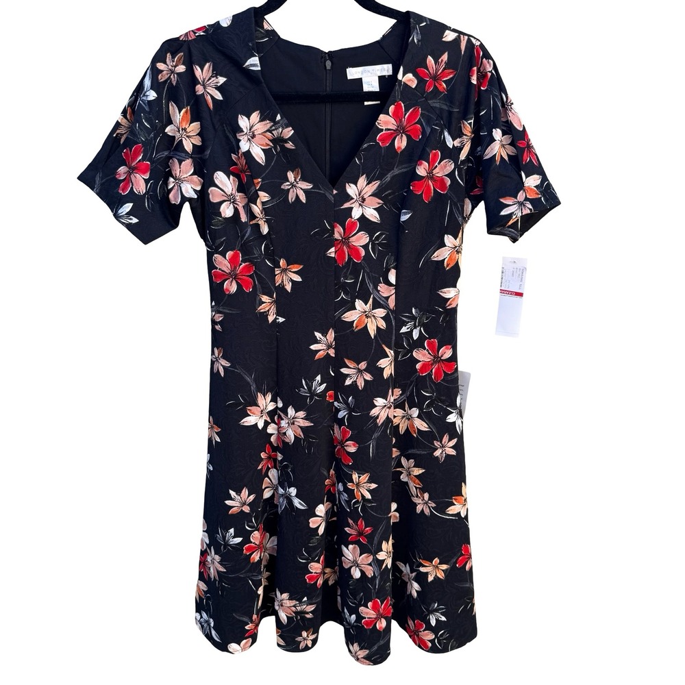 London Times Dark Floral Feminine Jacquard Fit Flare Dress Feminine Womens 4 NEW